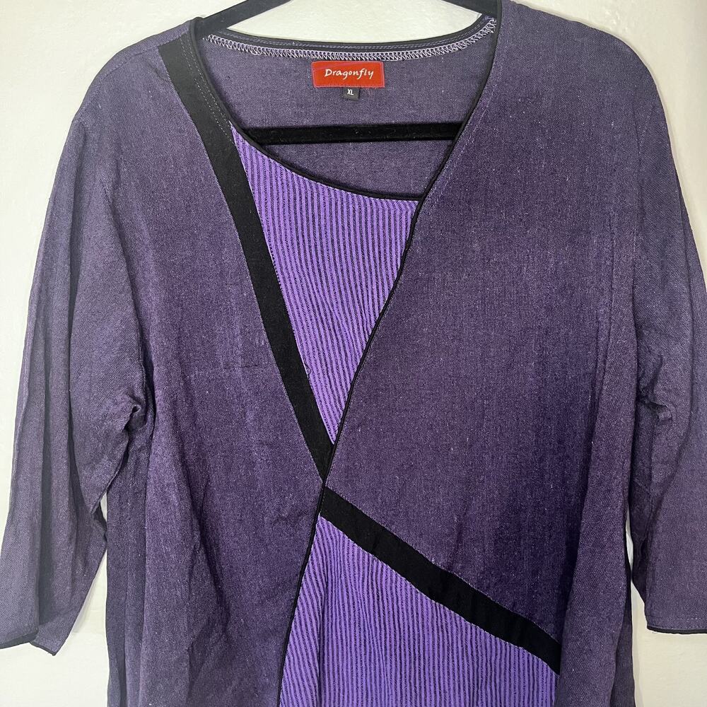 Dragonfly Tunic Top Womens XL Purple Black Asymmetric Hem‎ Lagenlook Artsy - Picture 2 of 7